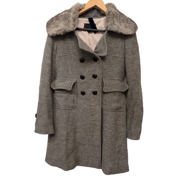 Femme by Michele R 100% Fur Rabbit Trim Double-Breasted Peacoat Gray Lined Cozy - Picture 1 of 9